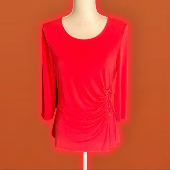 Calvin Klein ‘3/4 Sleeve Ruched Lace Up Detail Pullover Blouse’ Coral Red Size S - Picture 6 of 15